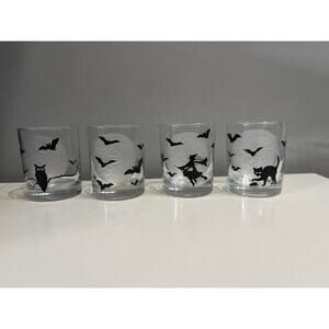 Williams Sonoma Full Moon 4 GLASSES TUMBLERS 3 1/2" Halloween Cat Owl Witch Bats